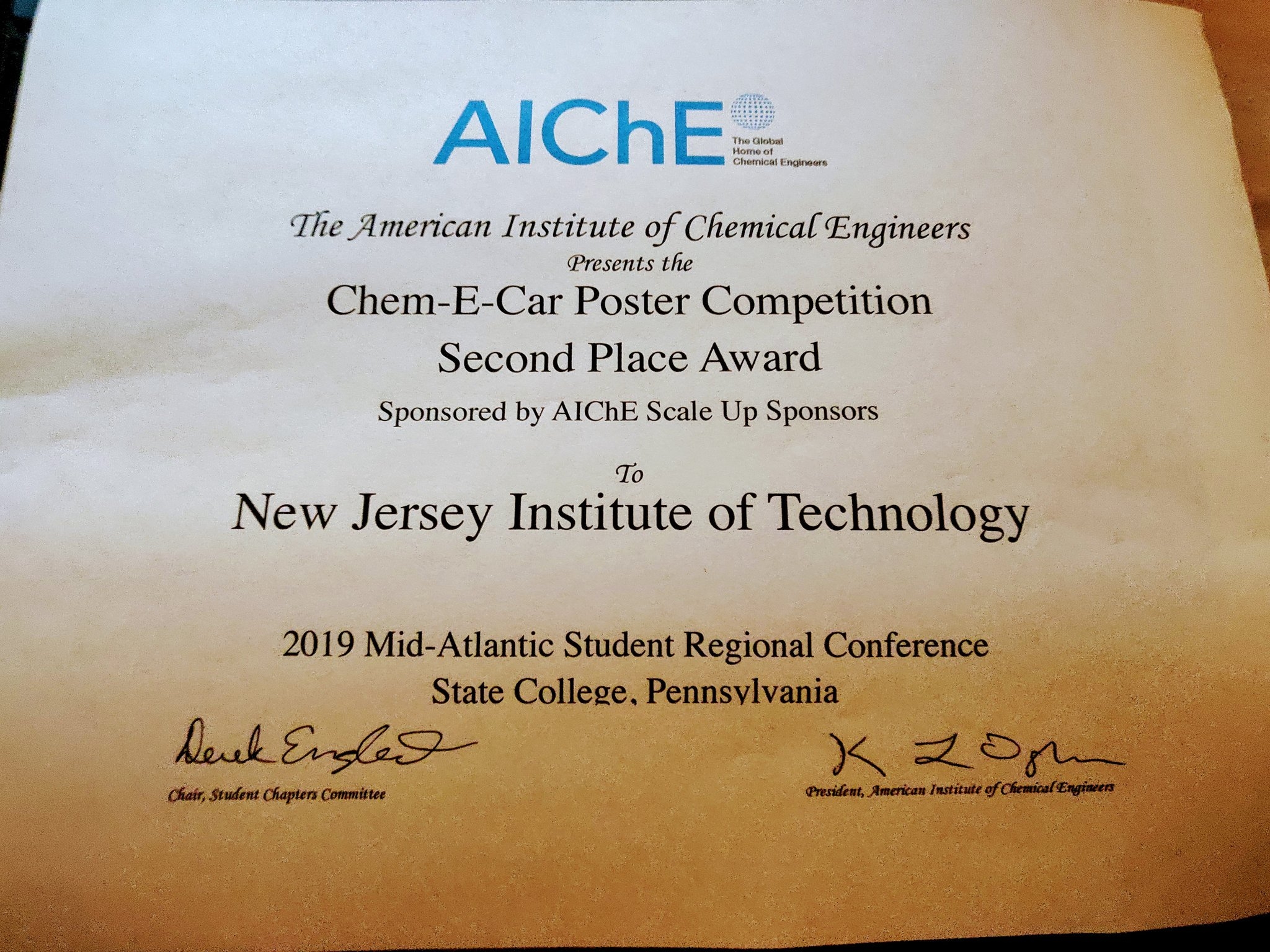 ChemE Car Poster 2nd Place AICHE 2019 Regionals @Penn State U