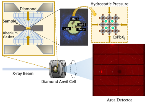 Schematic of diamond anvil cell, sample chamber, and detector geometry for synchrotron X-ray diffraction